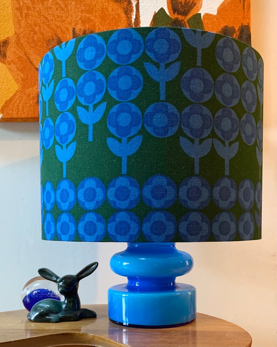 RARE Retro Blue Green Daisy 60s 70s VERDURE Heals Vintage Fabric Lampshade
