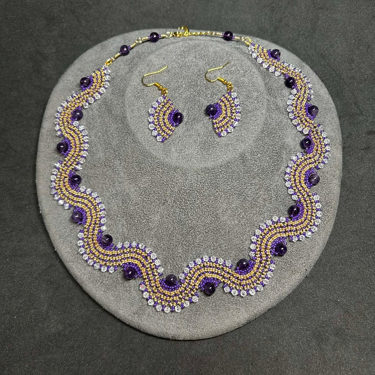 Amethyst Angel Gemstone, Crystal and seed bead handmade Necklace and Earrings 