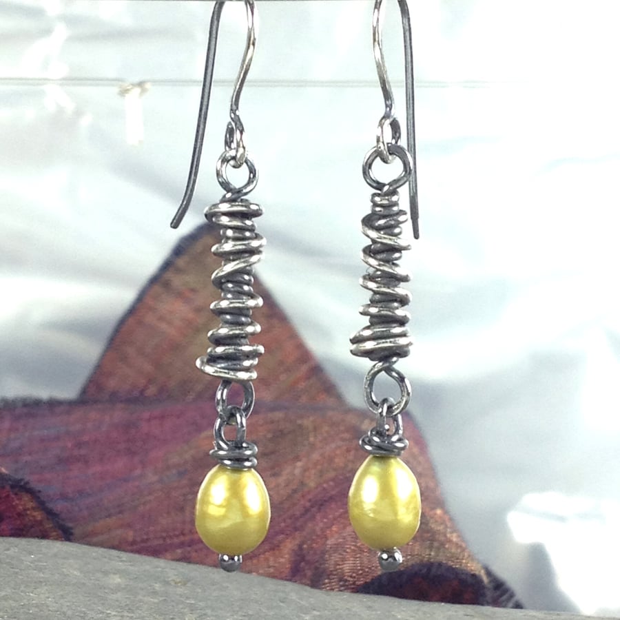 sterling silver and chartreuse green pearl wire wrapped earrings