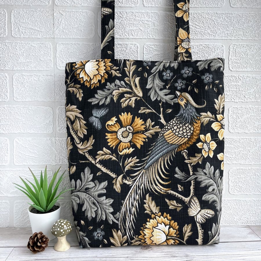 Exotic Bird and Floral Tote Bag in Black and Gold