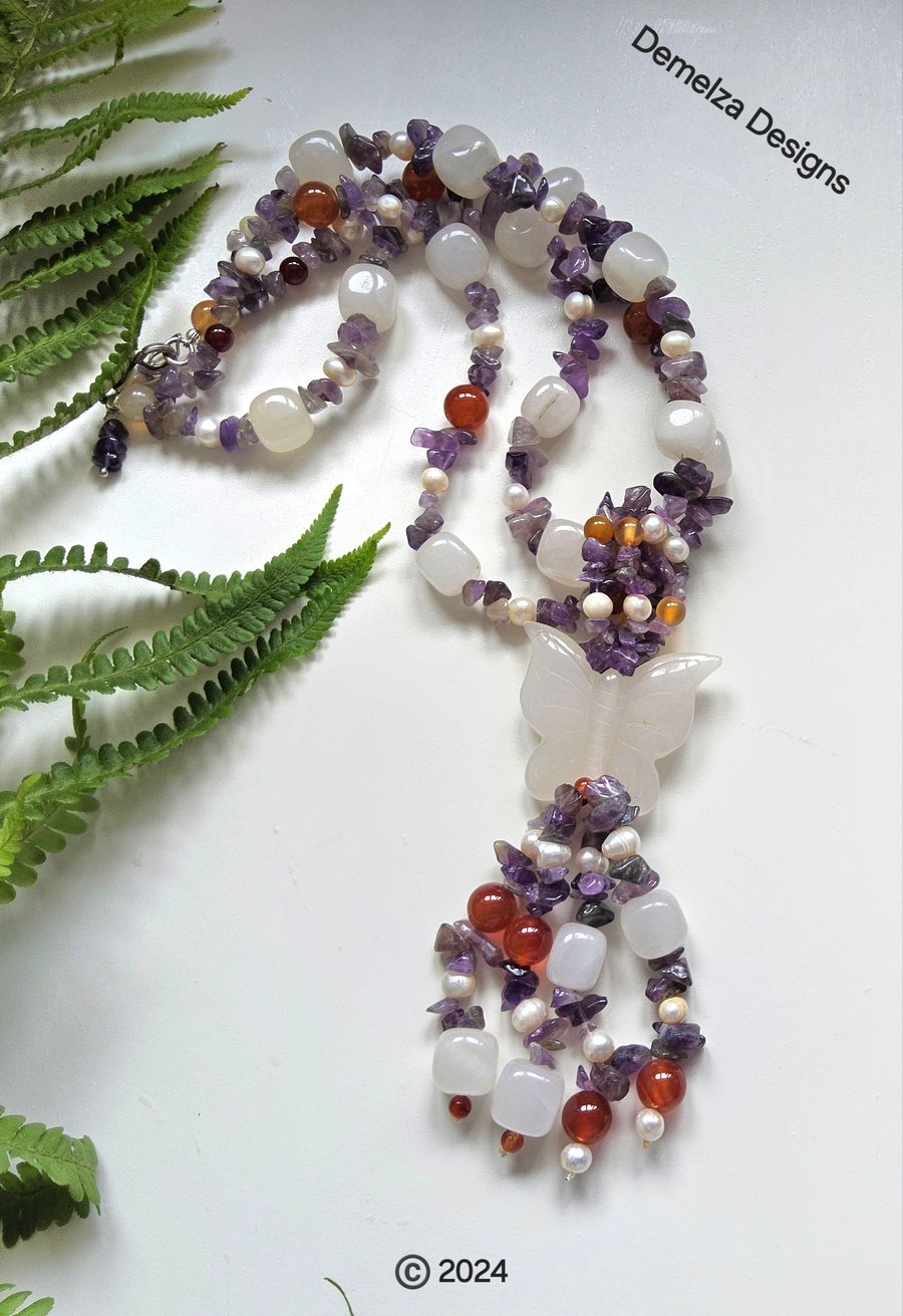 White Agate, Amethyst, Freshwater Pearls, Carnelian Two in One Necklace 