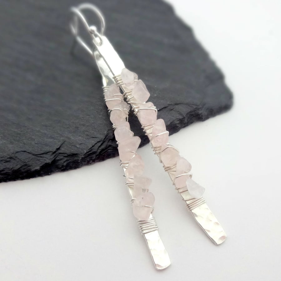 Sterling Silver Drop Earrings with Rose Quartz