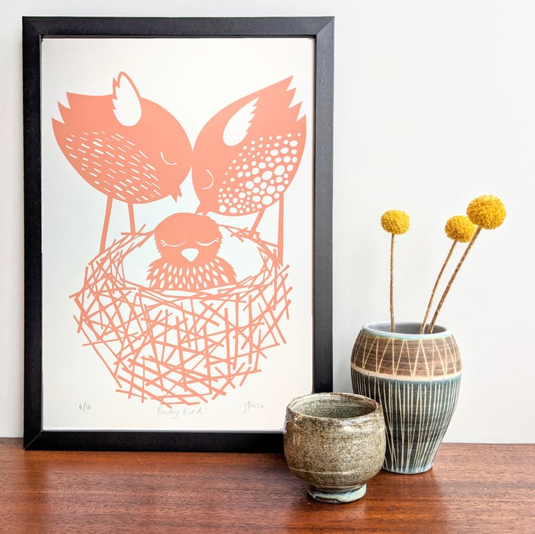 Baby Bird in a Nest in pink - hand pulled screen print