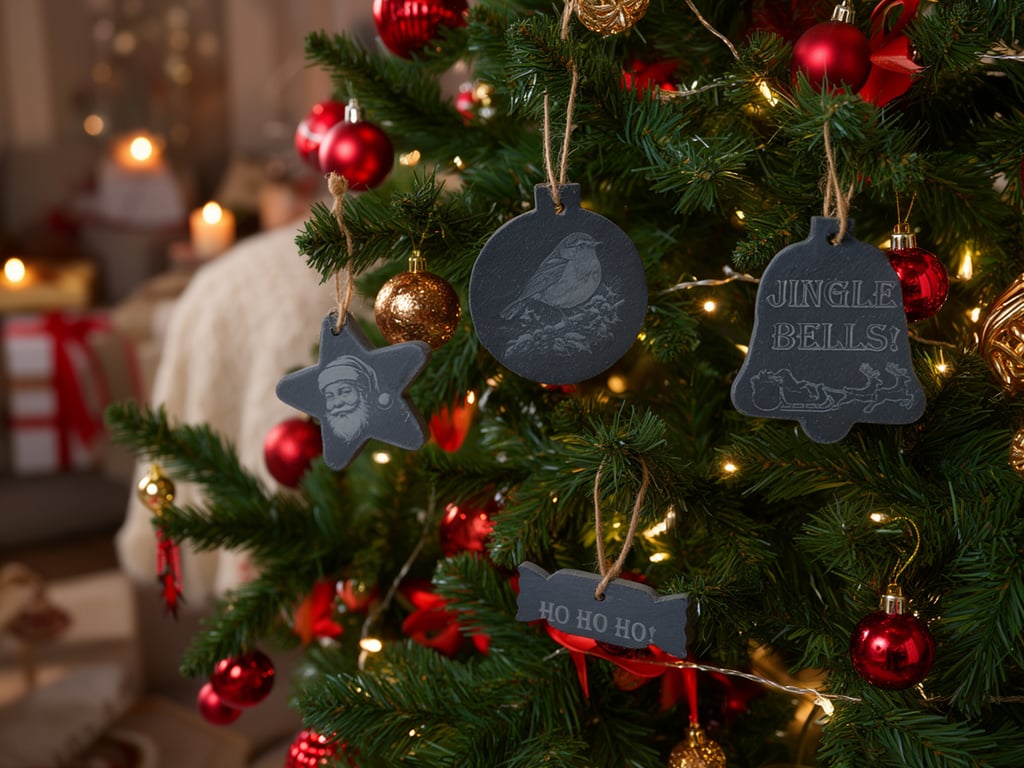 Set of 4 Engraved Slate Christmas Tree Decorations - Free UK Postage