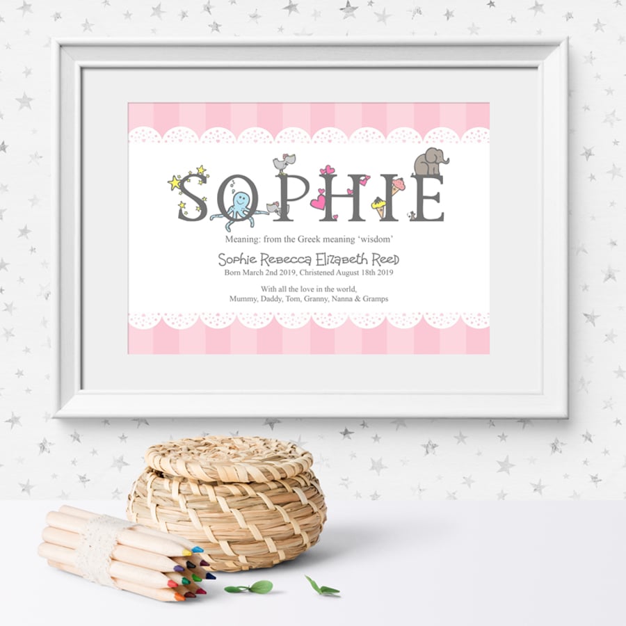Personalised Name Meaning Alphabet Print, Pink - christening gift for new baby