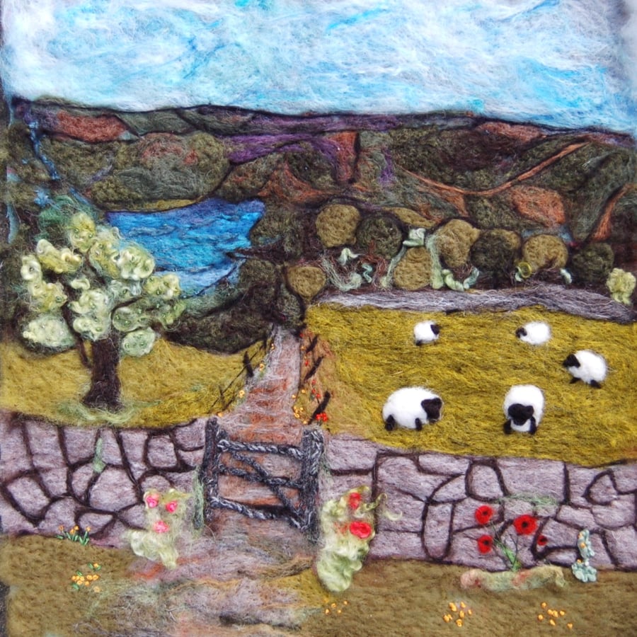Large  Needle felt and embroidered picture -  Path to the Lake- textile art