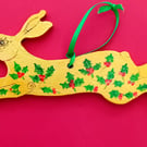 golden holly hare  hand painted on woof