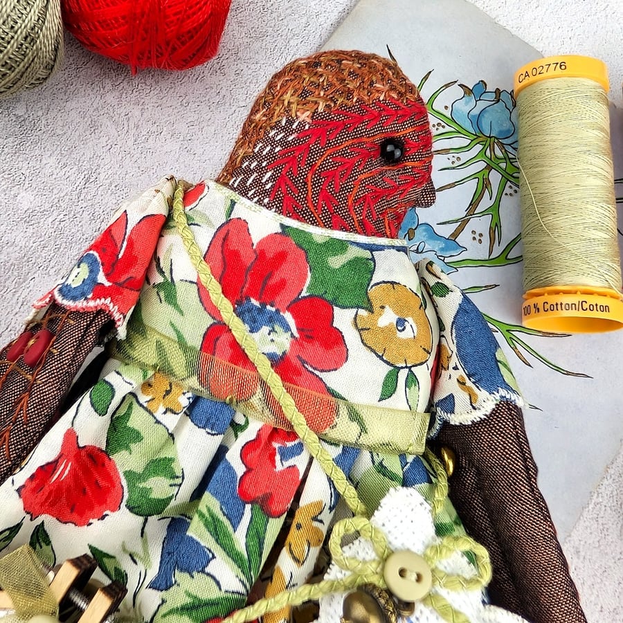 Bobbin,  A  Tiny Hand Embroidered Robin Folk Art Doll