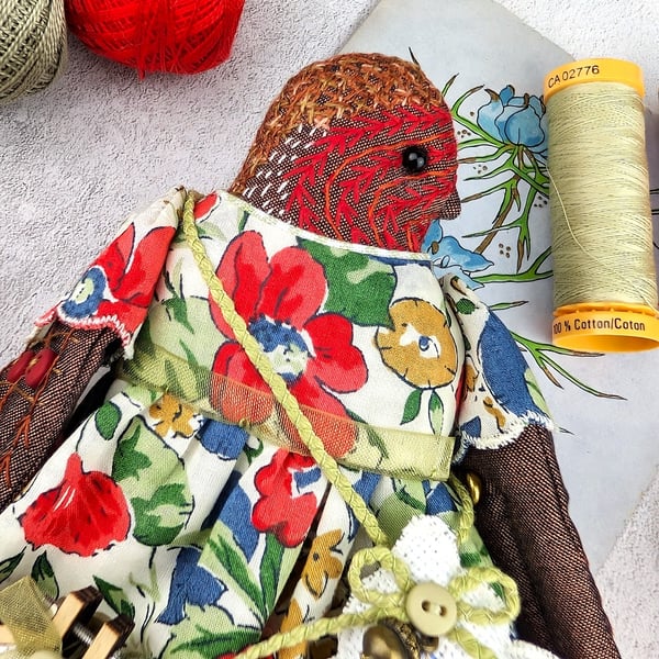 Bobbin,  A  Tiny Hand Embroidered Robin Folk Art Doll