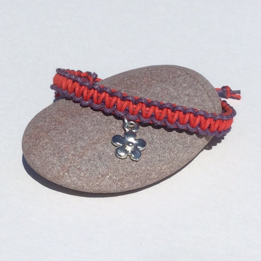 Macrame Friendship Bracelet - Red and Purple Cotton Cord with a Flower Charm