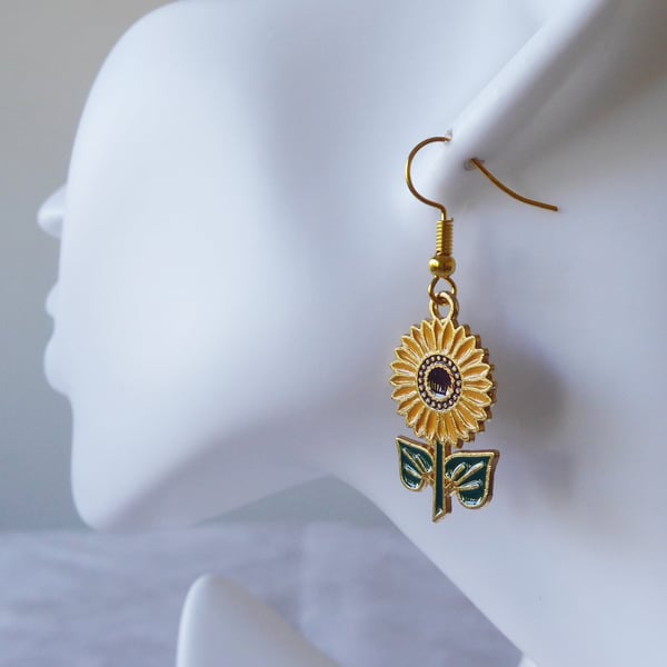 Sunflower and Leaves Enamelled Earrings with Gold Plated Ear Wires