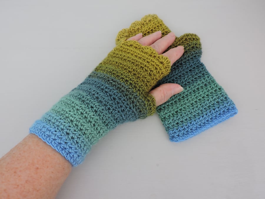 Crochet Fingerless Mittens Sky Blue Green Teal and Mustard