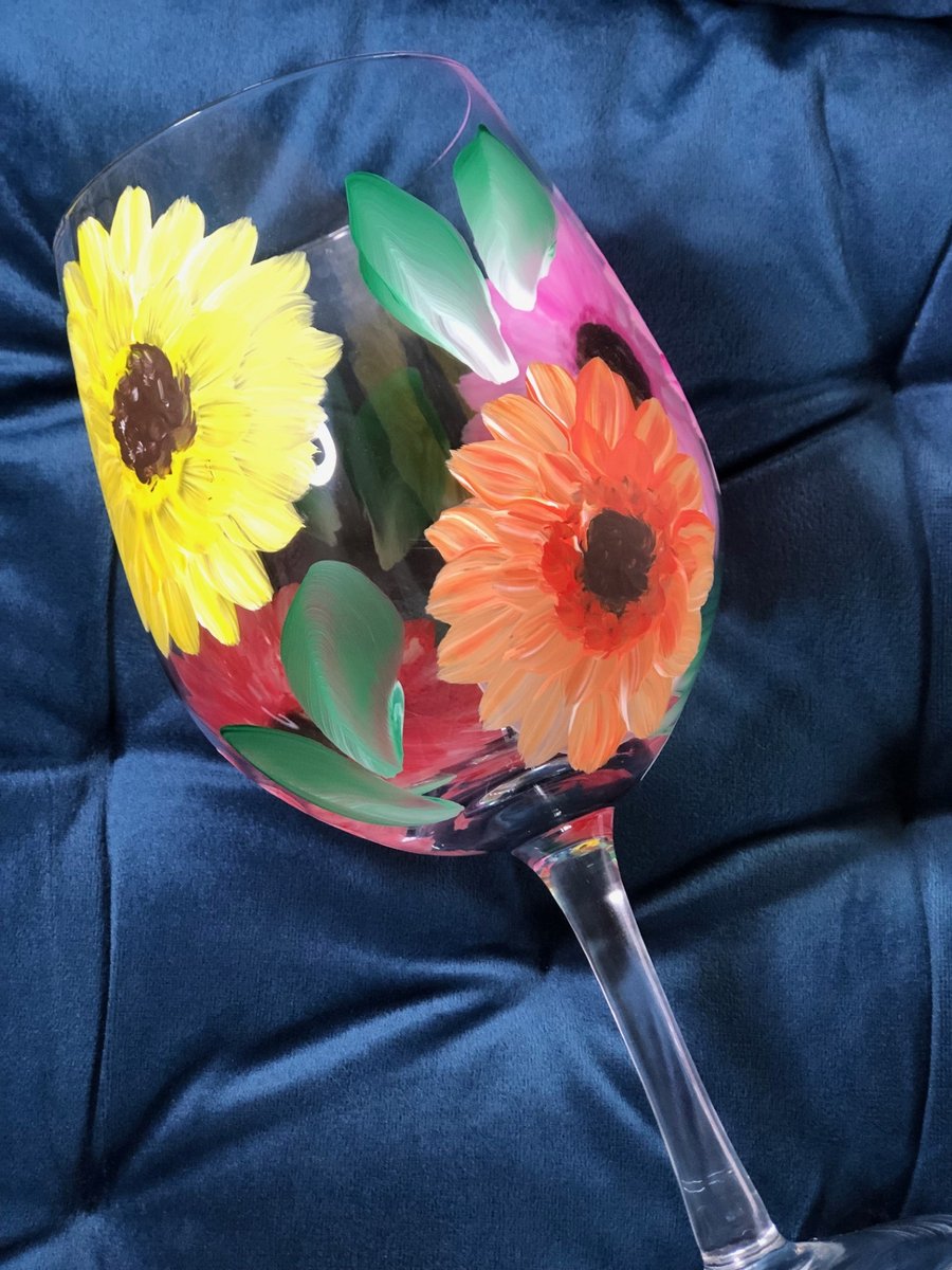 Individually Hand Painted Gerbera Wine Glass and matching greetings card