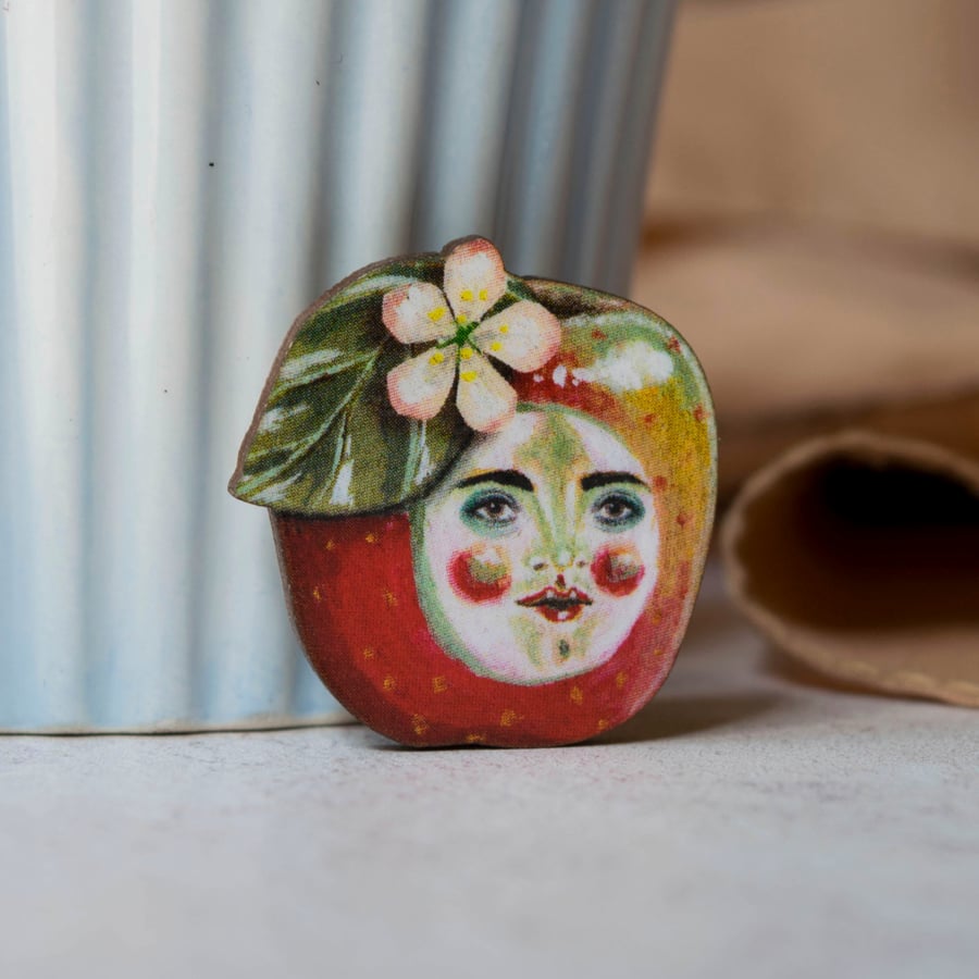 Red apple wooden brooch. Tommy red apple
