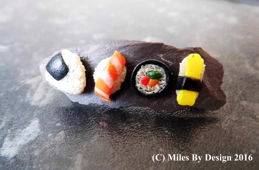 Miniature Sushi Brooch on Slate Plate