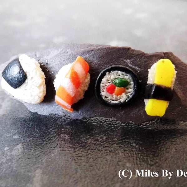 Miniature Sushi Brooch on Slate Plate