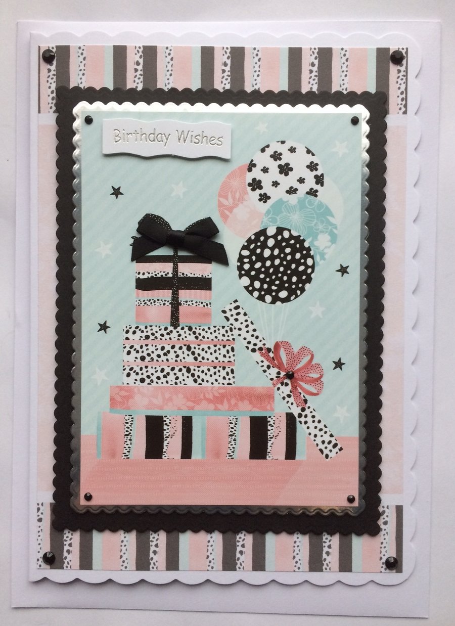 Birthday Card Wishes Stack of Gifts Presents and Balloons 3D Luxury Handmade