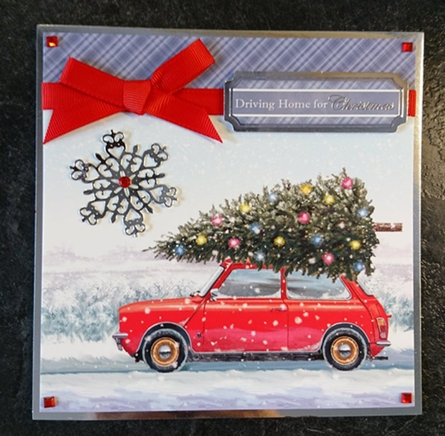 Christmas Card Driving a Red Mini Car with Christmas Tree 3D Luxury Handmade