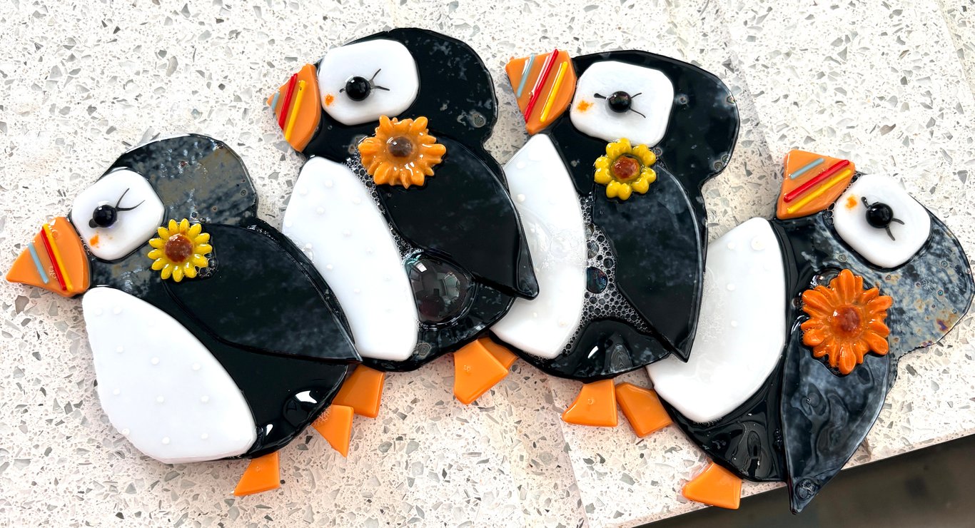 Super cute puffins- fused glass hanging decoration