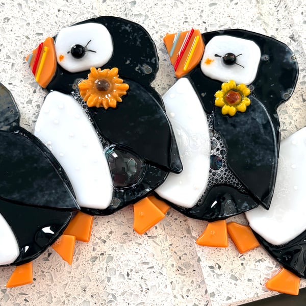 Super cute puffins- fused glass hanging decoration