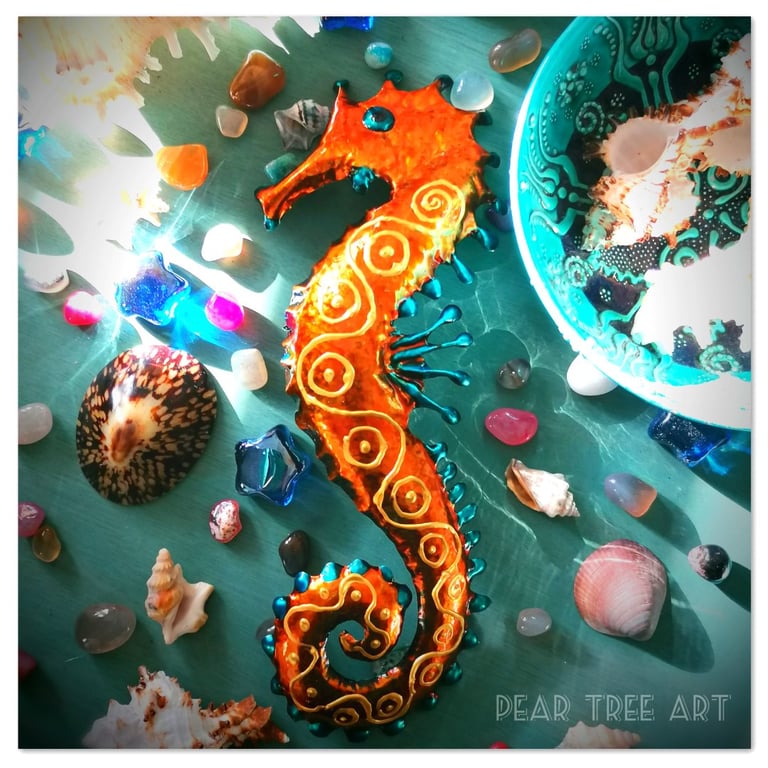  Handmade Metal Seahorse Orange and Turquoise Wall Art. Made from a coffee tin.