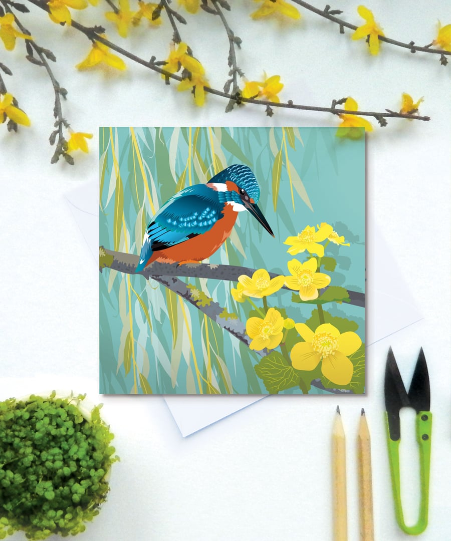 Kingfisher with Willow and Marsh Marigolds Greetings Card - British Bird