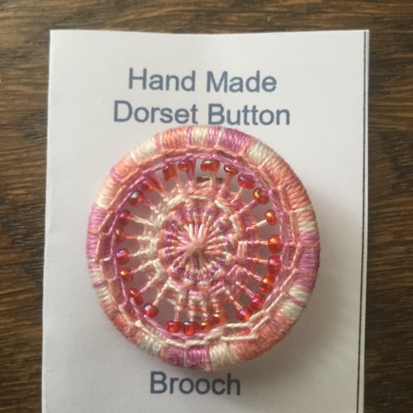 Beaded Dorset Button Brooch, Pink Variations, B15