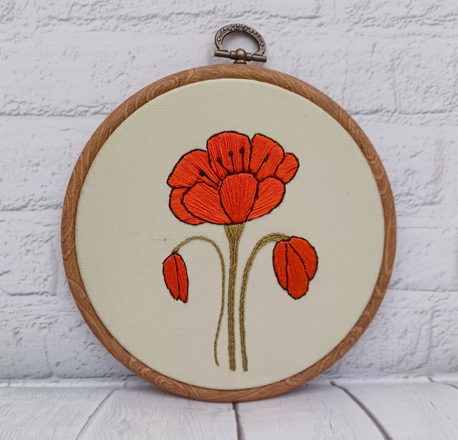 Hand Stitched Poppy Embroidery Hoop, Silk Thread Floral Art in 5-Inch Hoop, Uniq