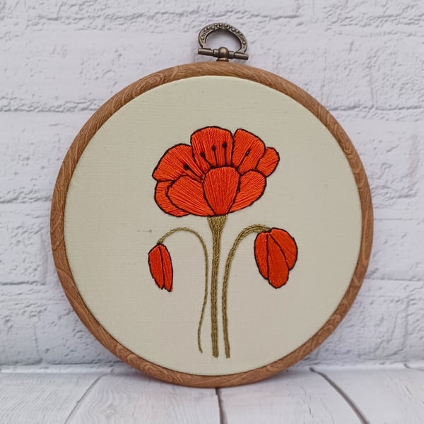 Hand Stitched Poppy Embroidery Hoop, Silk Thread Floral Art in 5-Inch Hoop, Uniq