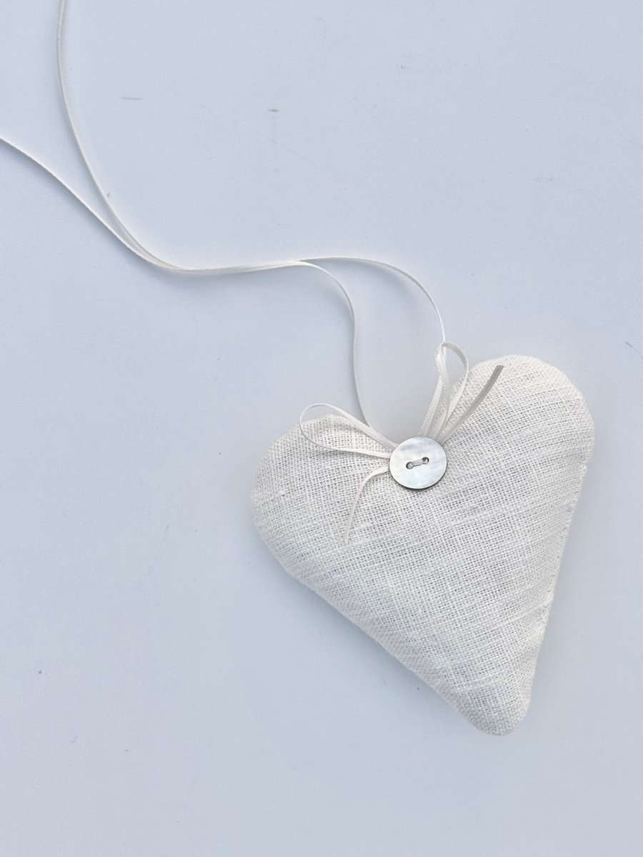 WHITE LINEN HEART DECORATION - lavender or wool filled