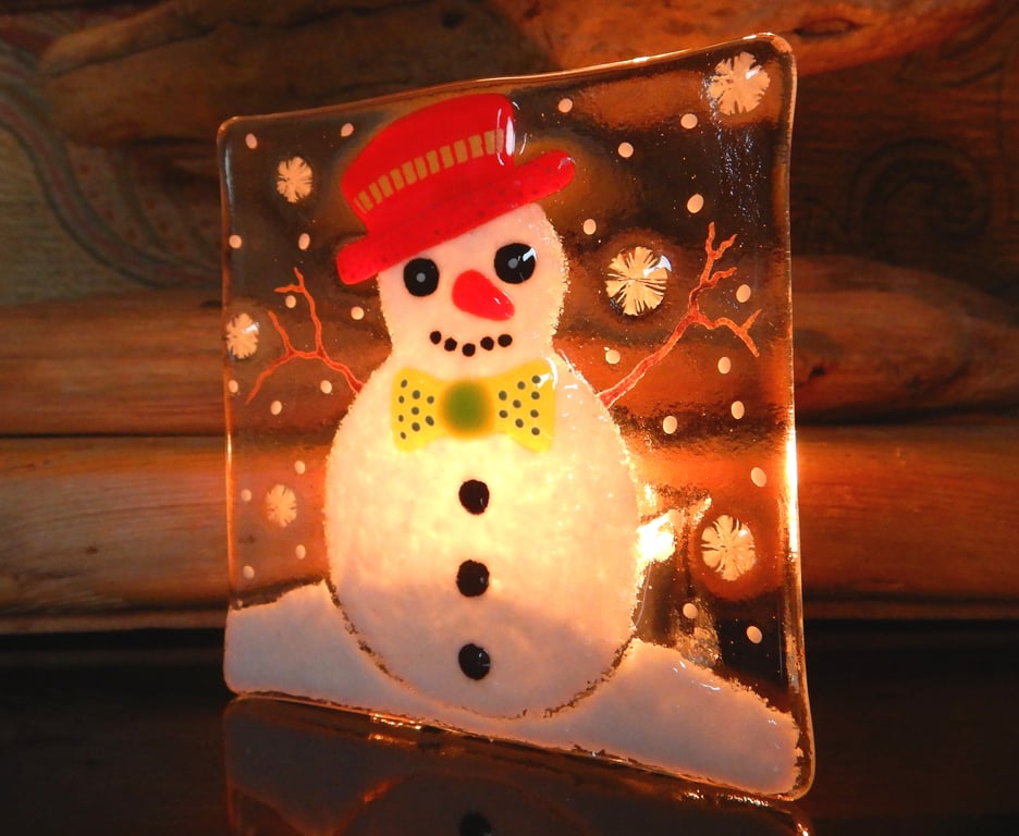 Handmade Fused Glass 'SnowMan' T Light Holder