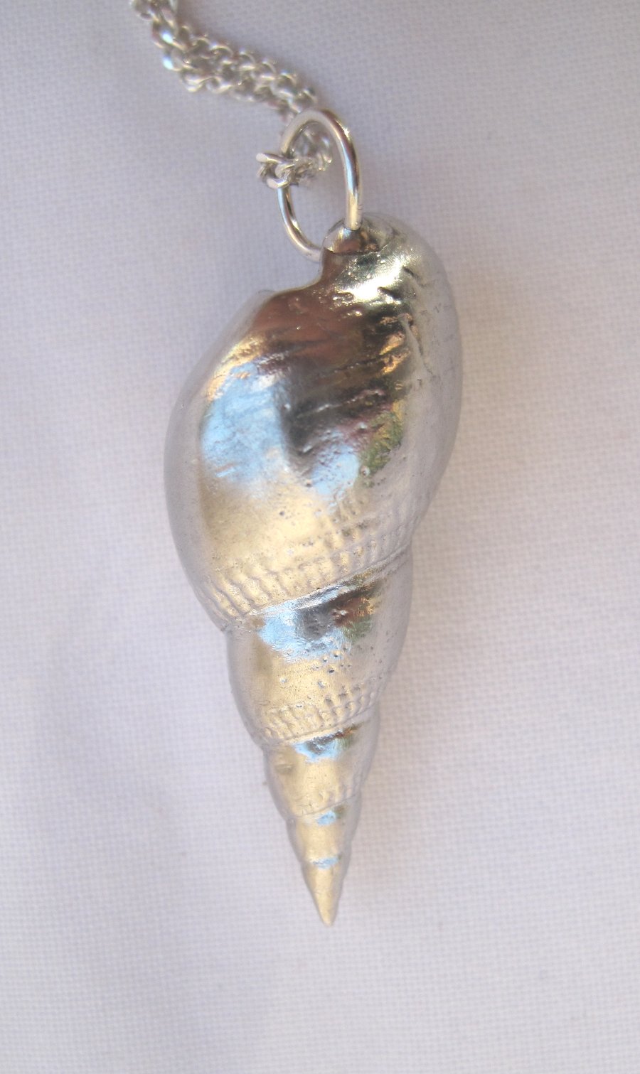 Smooth whelk shell pewter pendant necklace with sterling silver chain