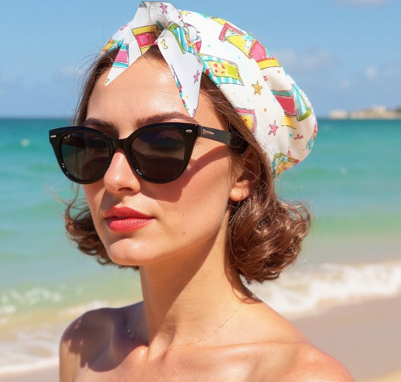 1950s Retro Rockabilly Headscarf Handmade Beach Huts Print polycotton