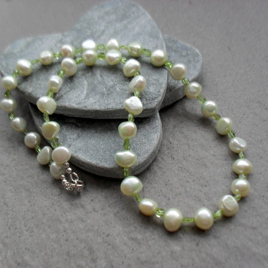  Green Freshwater Pearls and Peridot Necklace August Birthstone Sterling Silver