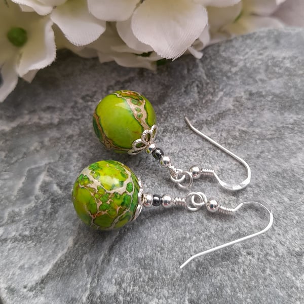 Green Terra Jasper Sterling Silver Drop Earrings