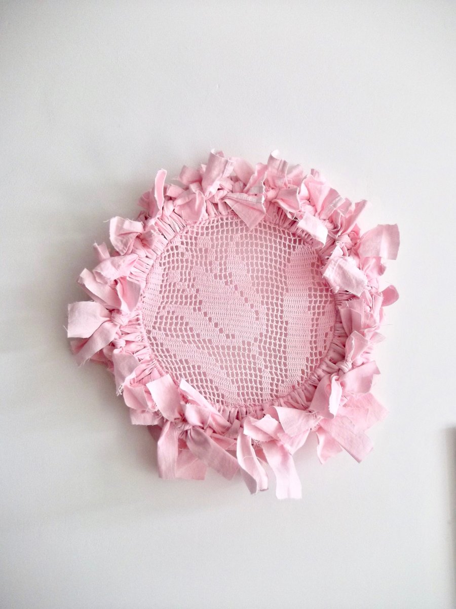 Pink Wall Hanging Antique Crochet Tulip Flower Pink Fabric Wall or Door Wreath 