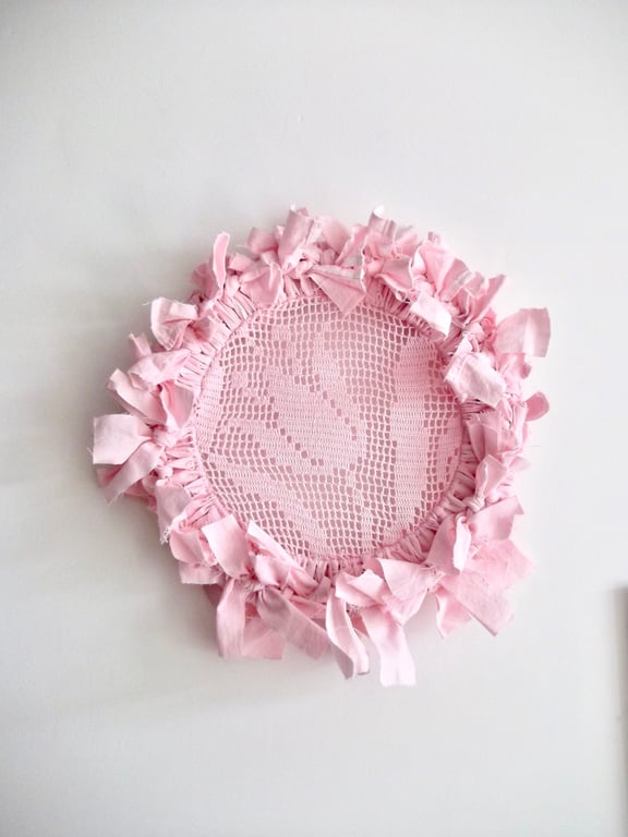 Pink Wall Hanging Antique Crochet Tulip Flower Pink Fabric Wall or Door Wreath 
