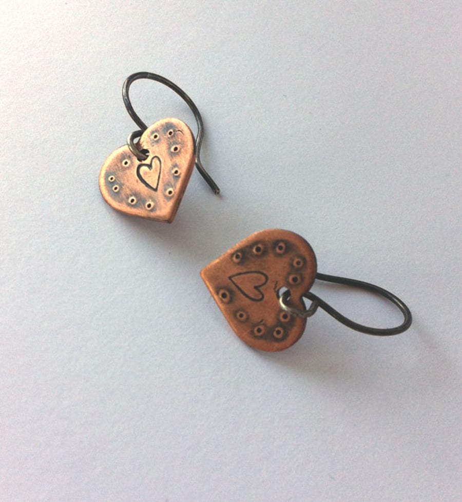 Copper Handstamped Love Heart Earrings