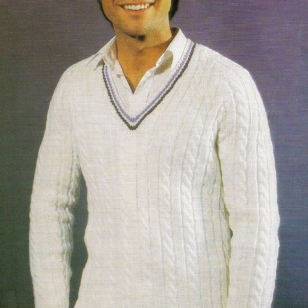 VINTAGE KNITTING PATTERN Mans Cabled Sports Sweater