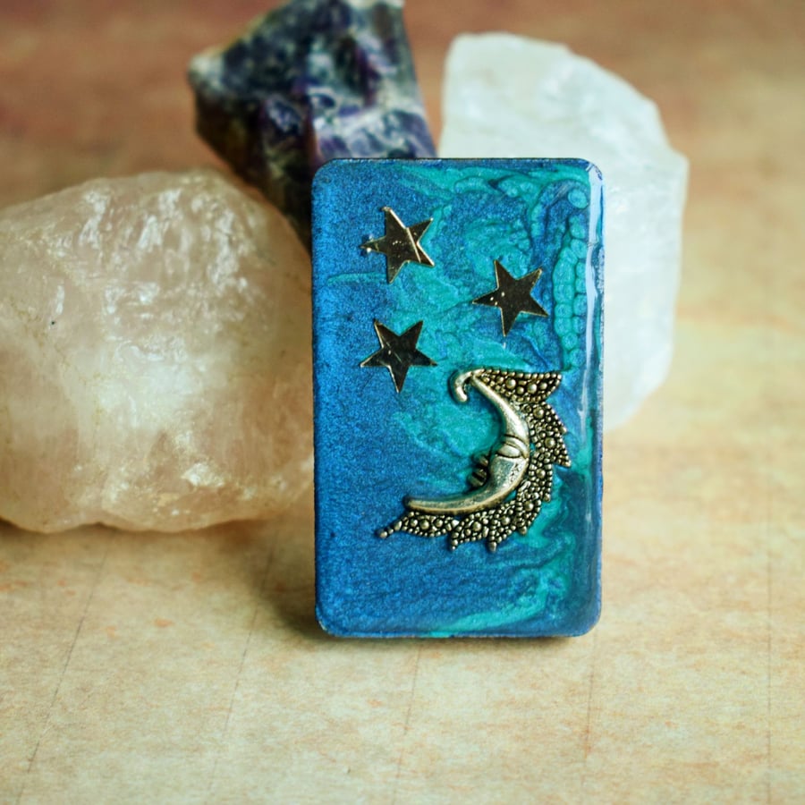 Crescent Moon and Stars Brooch