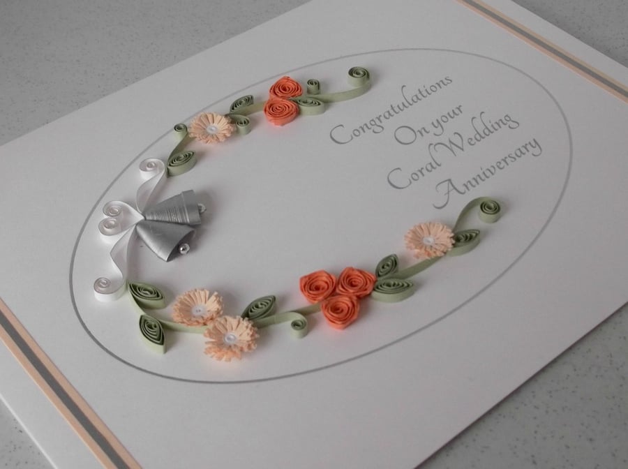 Coral 35th wedding anniversary congratulations card with paper quilling