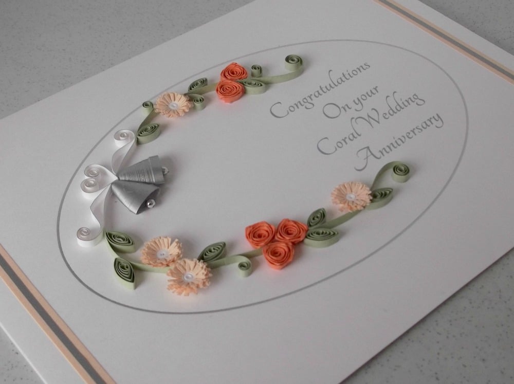 Coral 35th wedding anniversary congratulations card with paper quilling