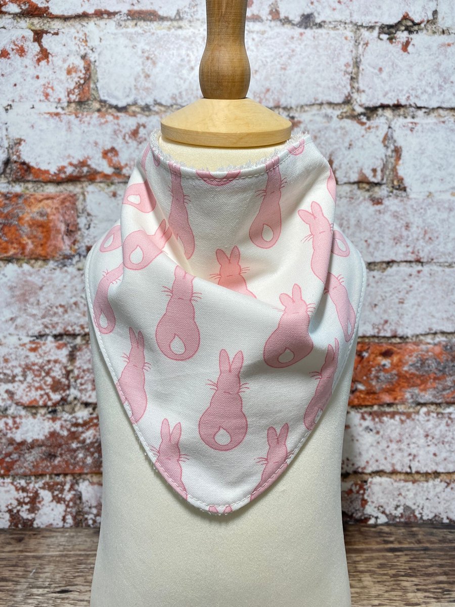 Baby Dribble Bib Bandana One Size Cotton Bamboo Towelling White Pink Bunny