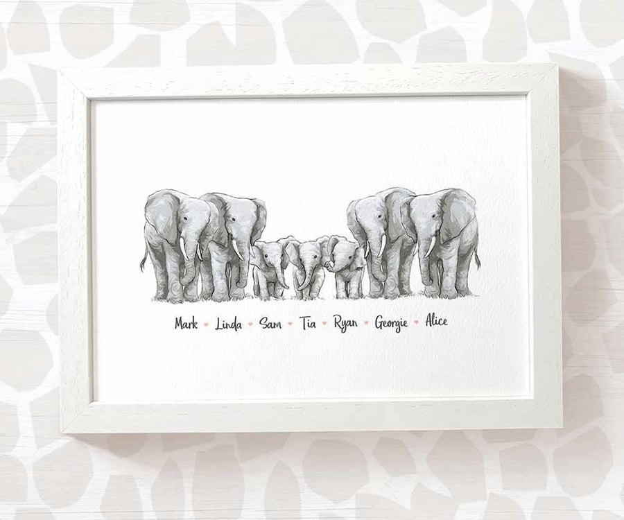 Personalised elephant family print with names - mothers day or birthday gift