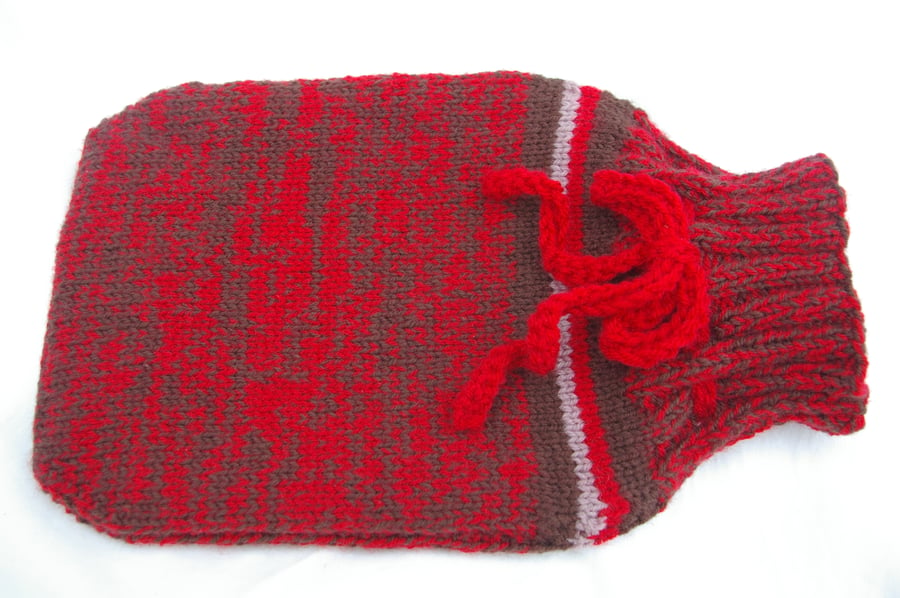 Hot Water Bottle Cover in Browns and Red Hand knitted Case