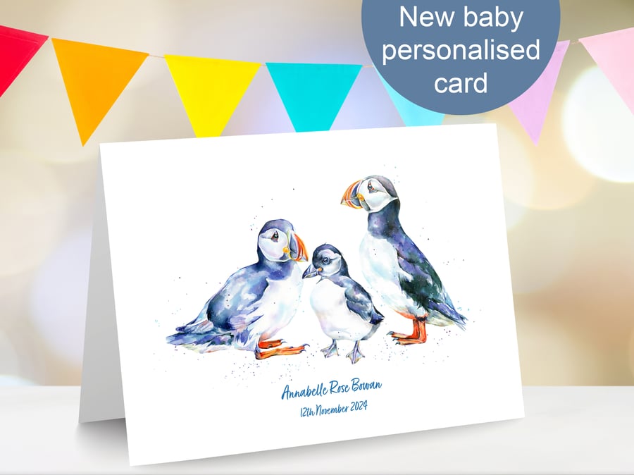 New baby personalised puffin card - any name