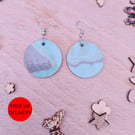 Turquoise Marble Wooden Decoupaged Round Stainless Steel Earrings - FREE UK P&P