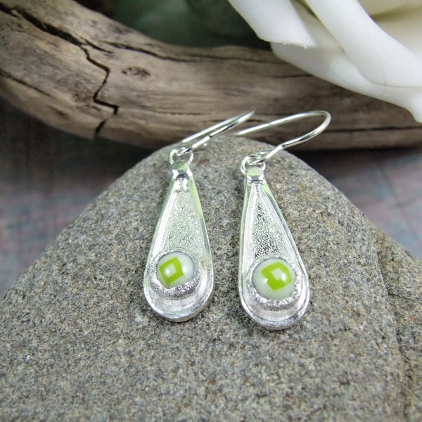 Earrings, Sterling Silver Droppers with Green Geometric Pattern Glass