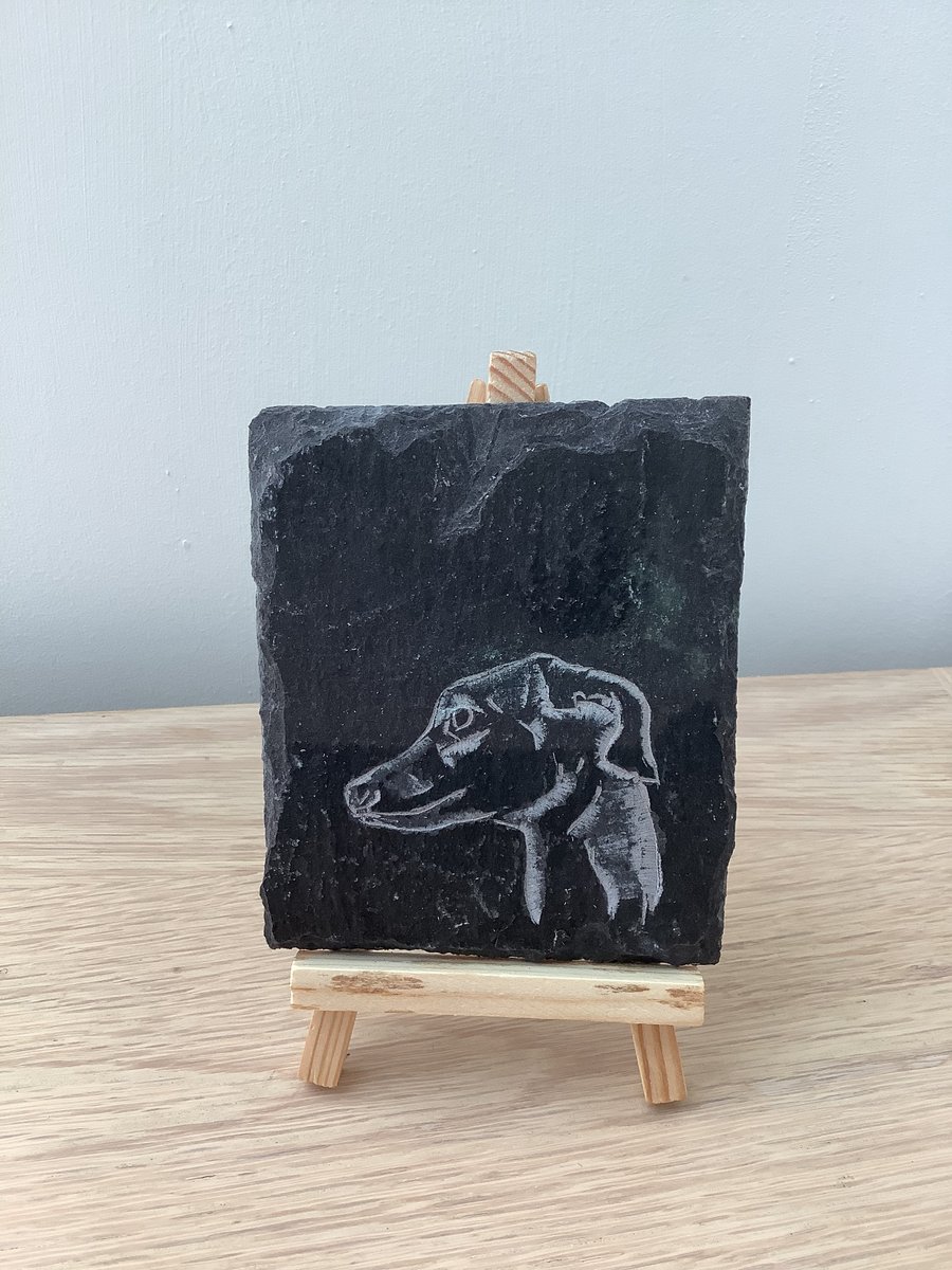 Whippet Dog Head Profile  - original art picture hand carved on slate