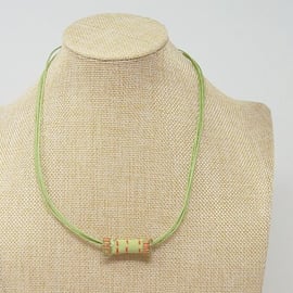 Embroidered fabric bead necklace with waxed cotton cord